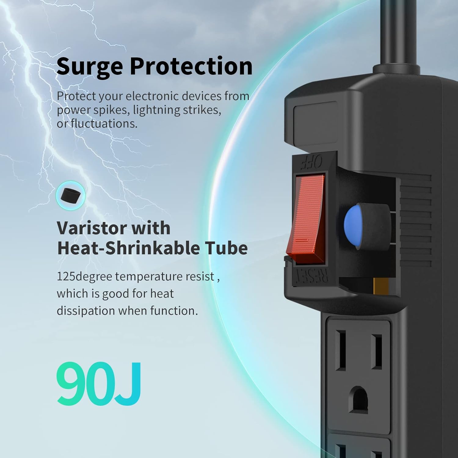 6 Outlets Power Strip With Surge Protector (90J), 14 Gauge, 2-Pack