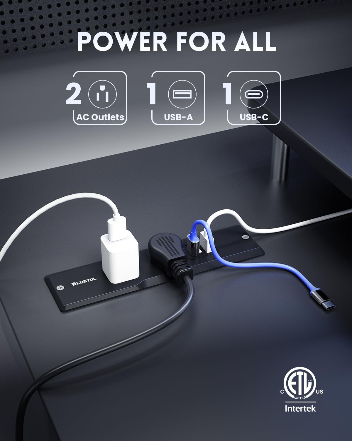 PLUGTUL 2 Outlet Recessed Power Strip, 16 AWG Flush Mount Furniture Power Outlet with Surge Protection, Desk & Countertop Hidden Power Grommet, ETL Listed