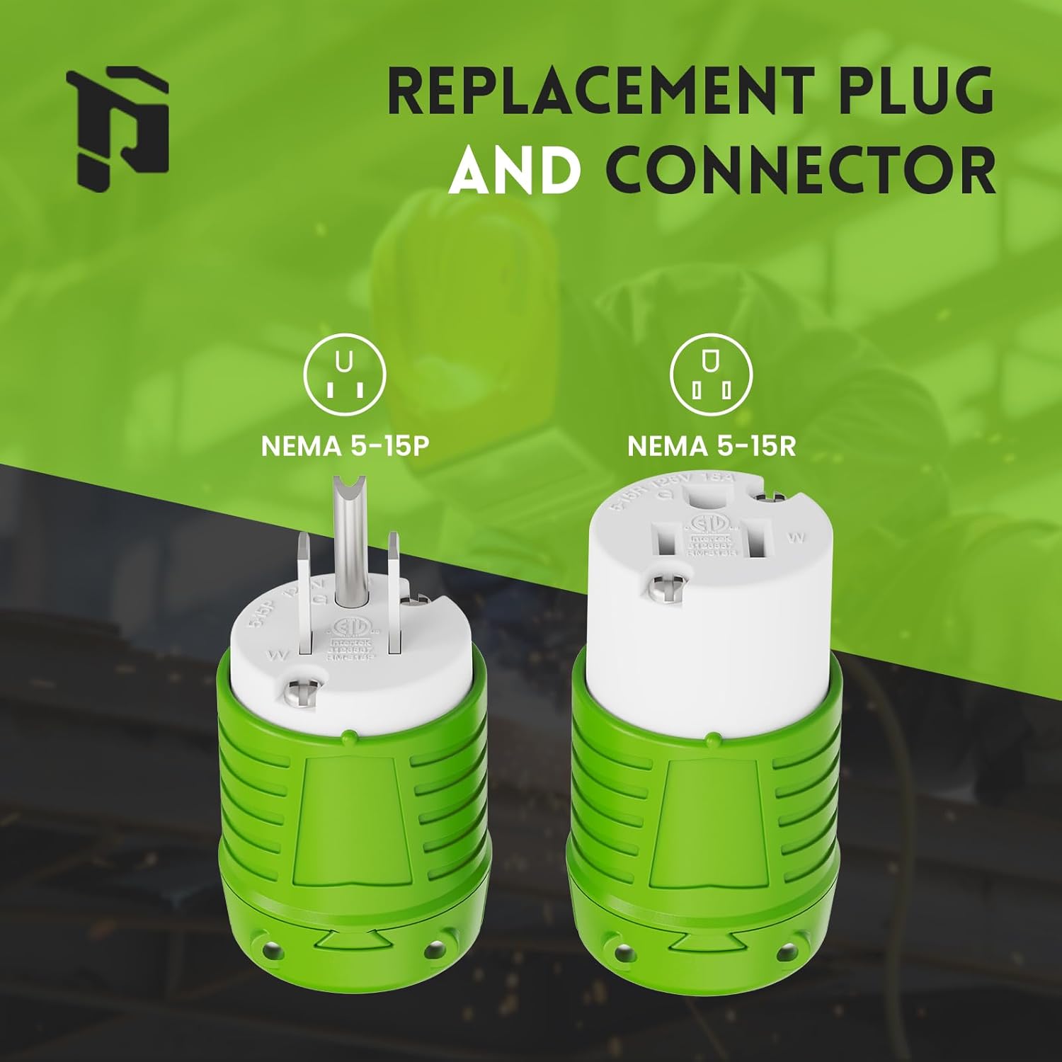 NEMA 5-15P & NEMA 5-15R Replacement Plug & Connector, 5 Set, Green