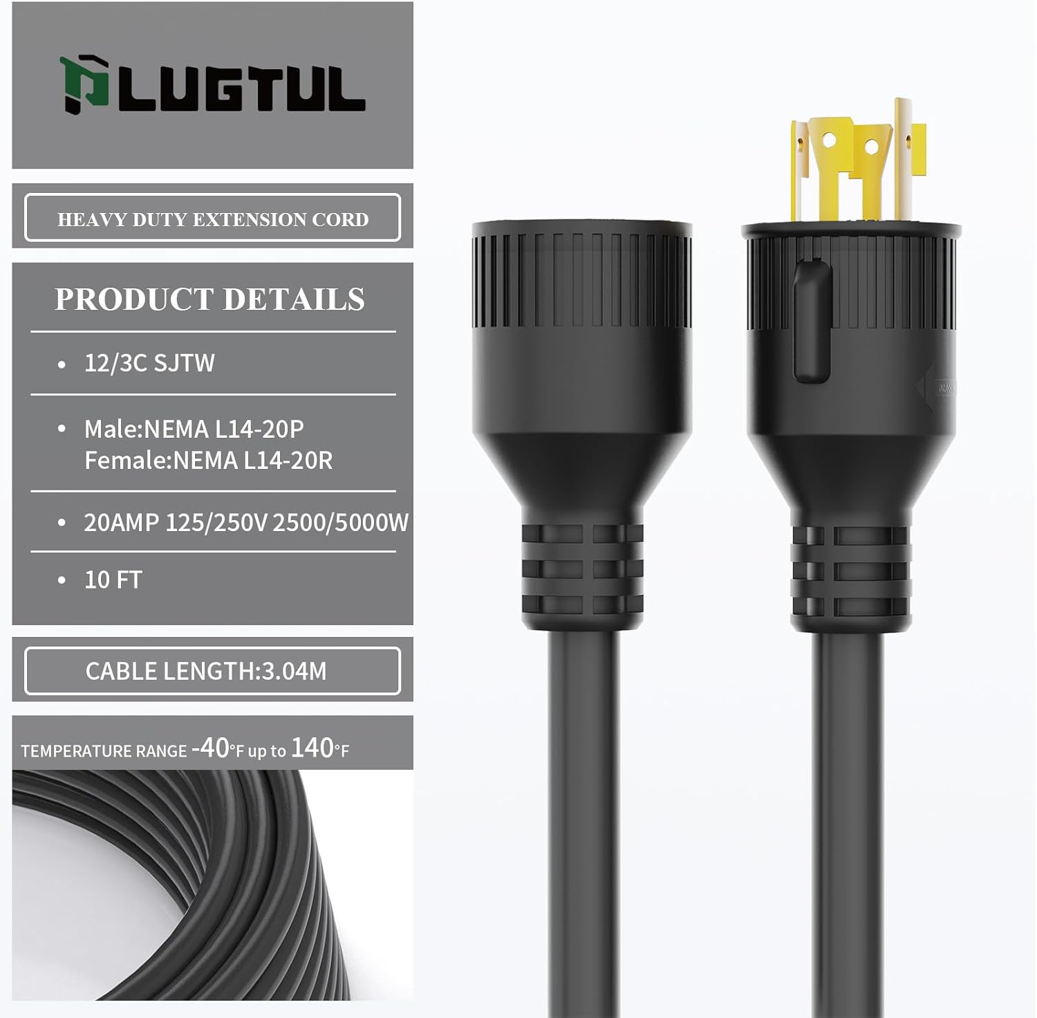 NEMA L14-20 Generator Extension Cord, 12/4 AWG 20 Amp 125/250V Twist Lock Power Cord, SJTW ETL Listed, L14-20P to L14-20R Heavy Duty Cable for Generator, Transfer Switch & Backup Power