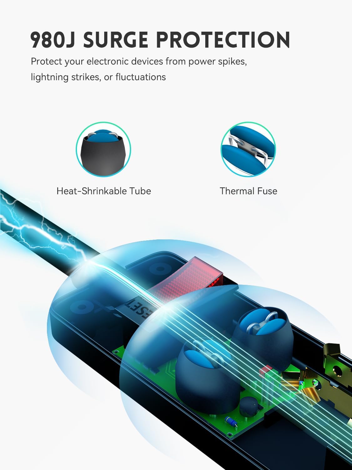 6 Outlets Power Strip With Surge Protector (980J), 14 Gauge, 4 FT, 2-Pack