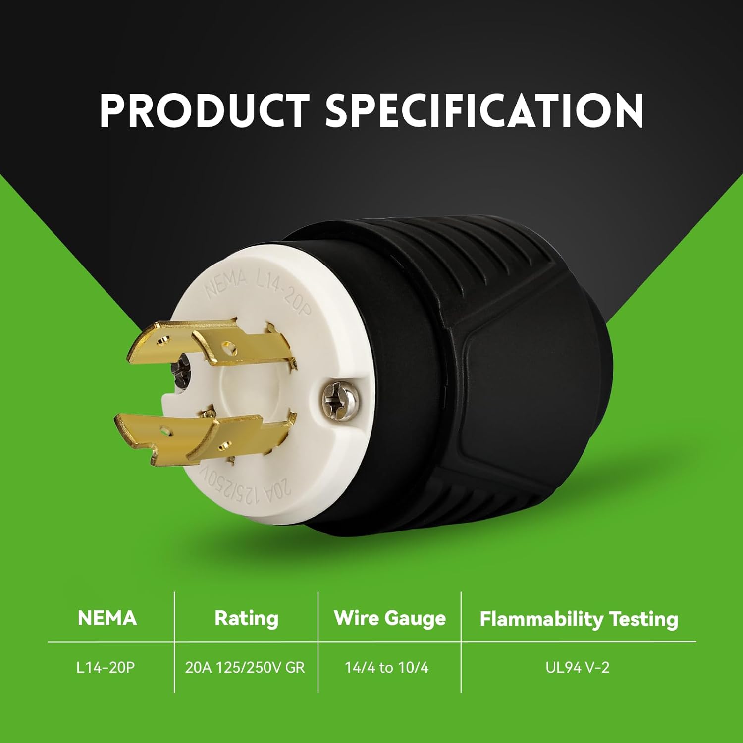 NEMA L14-20P Twist Lock Plug, 20A 125/250V Locking Male Plug, 4-Prong Industrial Grade Generator Power Plug