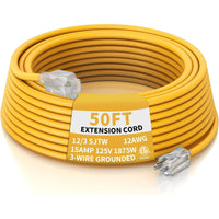12AWG Yellow Outdoor Extension Cord with Lighted End, Heavy Duty SJTW Waterproof Power Cord, ETL Listed, 3-Prong Grounded Extension Cable for Jobsite, Power Tools & Outdoor Equipment