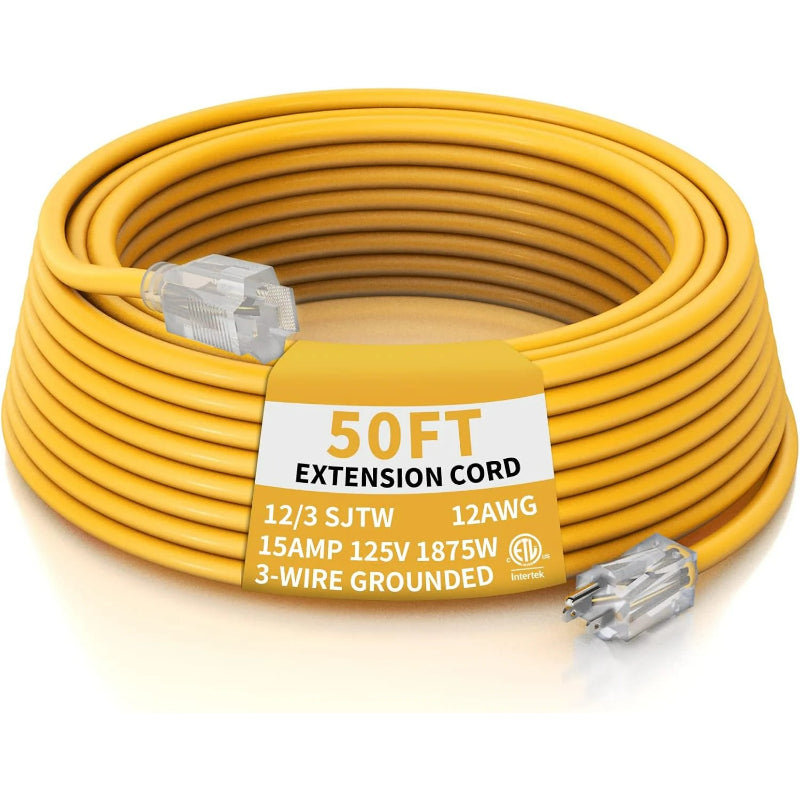 12AWG Yellow Outdoor Extension Cord with Lighted End, Heavy Duty SJTW Waterproof Power Cord, ETL Listed, 3-Prong Grounded Extension Cable for Jobsite, Power Tools & Outdoor Equipment