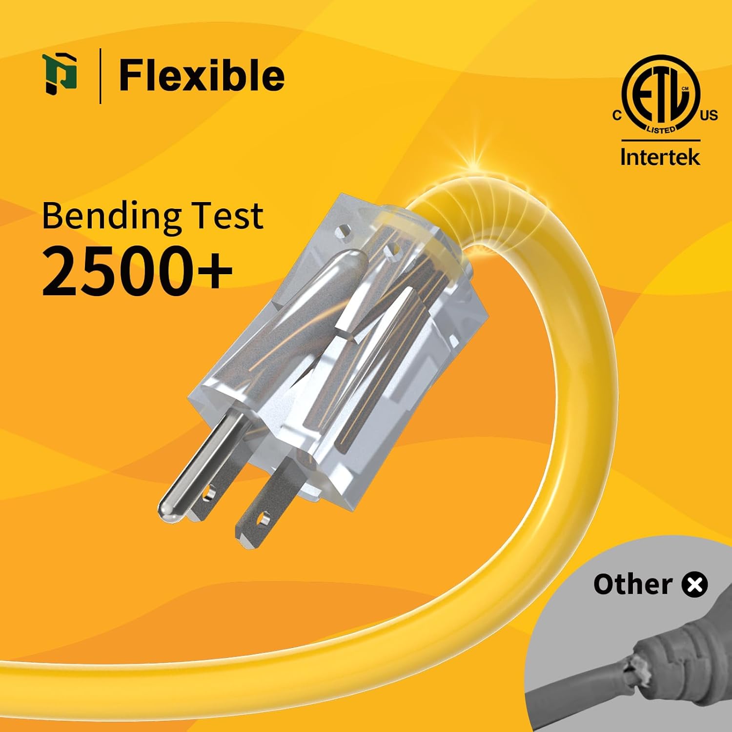 12AWG Yellow Outdoor Extension Cord with Lighted End, Heavy Duty SJTW Waterproof Power Cord, ETL Listed, 3-Prong Grounded Extension Cable for Jobsite, Power Tools & Outdoor Equipment