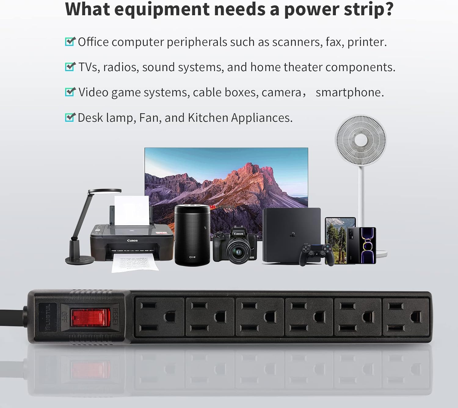 6 Outlets Power Strip With Surge Protector (90J), 14 Gauge, 2-Pack