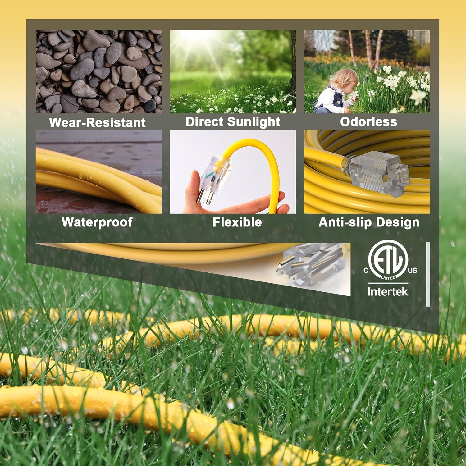 12AWG Yellow Outdoor Extension Cord with Lighted End, Heavy Duty SJTW Waterproof Power Cord, ETL Listed, 3-Prong Grounded Extension Cable for Jobsite, Power Tools & Outdoor Equipment