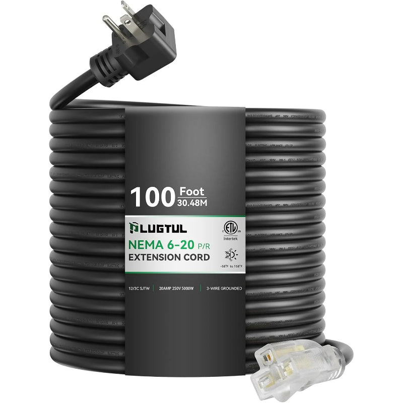 NEMA 6-20 Extension Cord with Lighted End, 12AWG 20 Amp 250V Heavy Duty Power Cord, SJTW ETL Listed, 6-20P to 6-15/20R Extension Cable for Power Tools, Generators, and Appliances